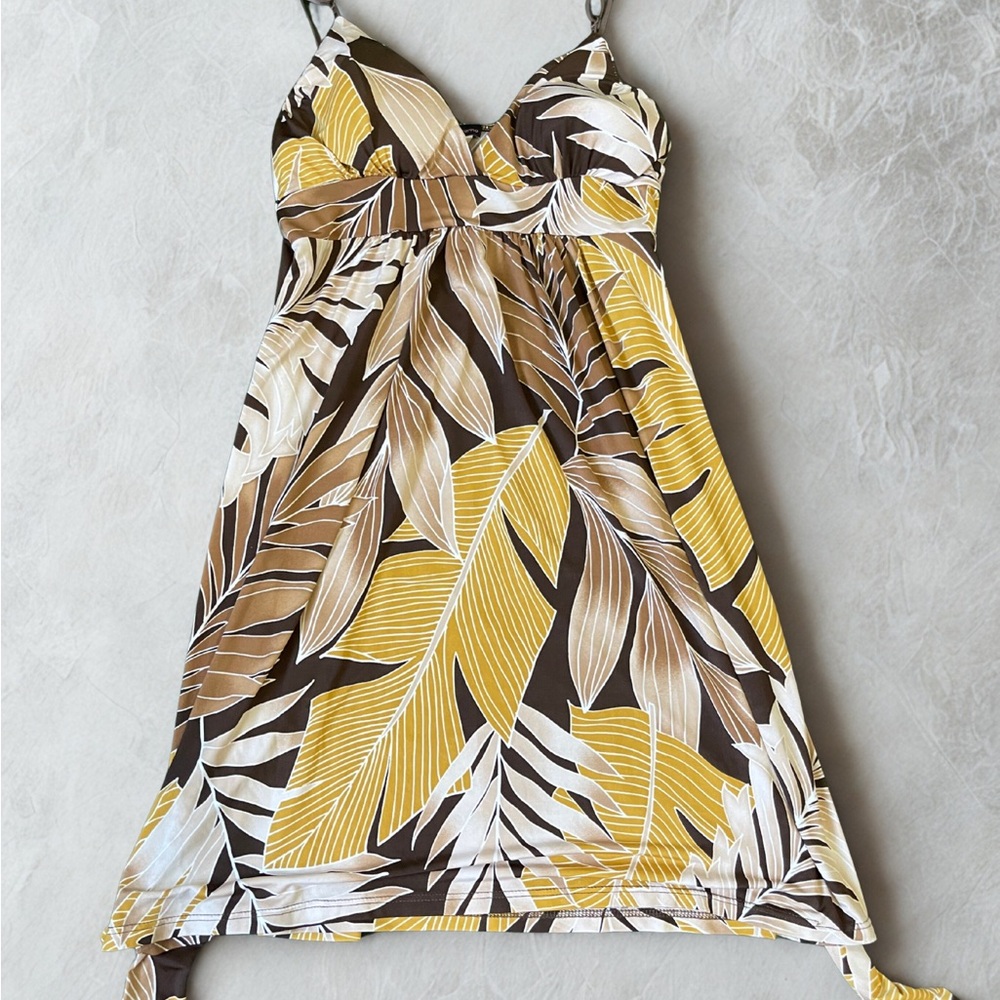 Tropical Leaf Print Dress in Yellow and Brown